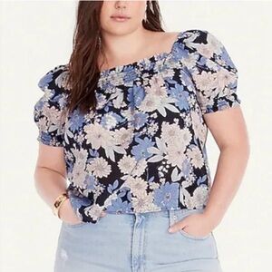 J. Crew Squareneck Puff-Sleeved Crop Length Top Floral Blue Size Womens Large